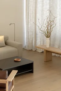 Modern minimalist living room featuring wooden furniture, soft fabric seating, and linen curtains.