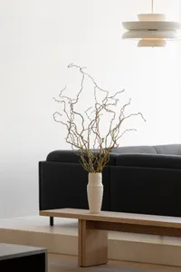 Modern living room featuring a low-profile sofa, wooden coffee table, concrete floor, and minimalist lighting fixtures.