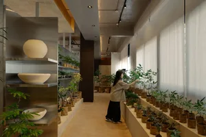 一位女性在充滿紙盆植物的現代溫室內購物