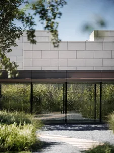 Minimalist architectural building with a glass facade