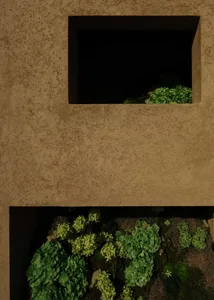 Minimalist house exterior featuring concrete plant boxes filled with green plants.