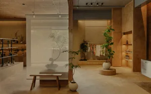 Modern retail space with brown concrete floors, wooden benches, and potted plants.