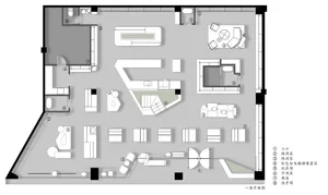A detailed 2D floor plan of a retail store showing various functional zones and layout.