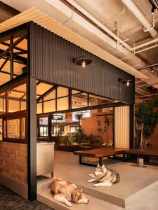 A cozy coffee shop featuring industrial design elements like corrugated metal, wood accents, and concrete floor.