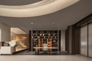 An industrial-style office lounge featuring metal, wood, and glass materials.