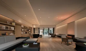 A minimalist living room with wood flooring and furniture, featuring a bookshelf, fireplace, and lounge seating.