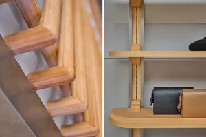 Minimalist wooden shelves with leather purses against a concrete wall