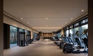 A modern fitness center with glass walls, metallic decor, and a carpeted floor.