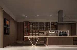 Contemporary residential kitchen featuring modern design elements with wooden cabinets and marble countertops.