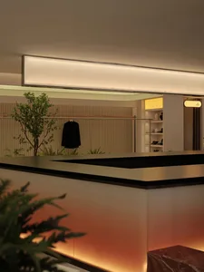A modern retail space with black and gold accents, metallic structures, and plants.