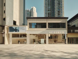 A modern retail storefront with glass walls and a clean, minimalist design.