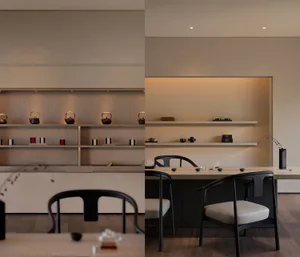 A modern restaurant bar featuring wood and ceramic elements