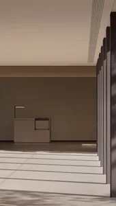 A minimalist office interior featuring natural wooden furnishings and transparent glass elements.