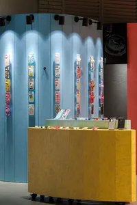 A display of various phone cases made of cellular foam board.