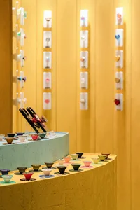 Various ceramic objects displayed on shelves in a retail environment.