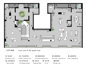 商業辦公室空間平面圖，採用鋼材、玻璃、大理石與地毯材質，強調辦公室佈局
