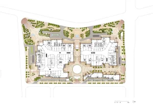 Floor plan of an educational institution with concrete, glass, and metallic elements