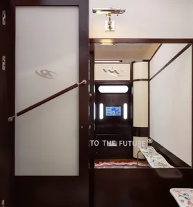 A futuristic lounge interior with brown walls and a white frosted glass door.