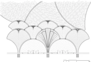 Schematic drawing of a modern interior design featuring brickwork.