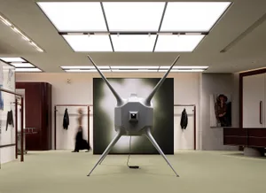 A metal sculpture with four slender legs standing on a light-colored carpeted floor in a well-lit room.