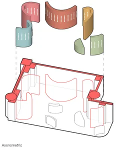 Axonometric view of a modern interior design showing a floor plan with curved structures and geometric shapes.
