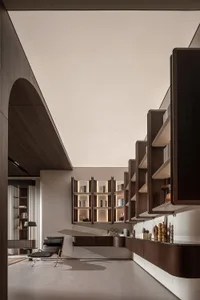 A modern library with sleek, dark wood bookshelves filled with books and decorative items.