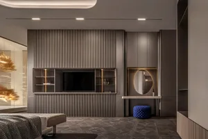A minimalist bedroom with a textured dark flooring, wooden paneling, and metal accents.