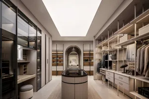 A modern closet featuring glass walls, wooden shelves, and metal accents.