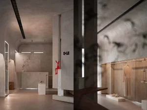 A modern retail storefront featuring concrete walls and minimalistic design.