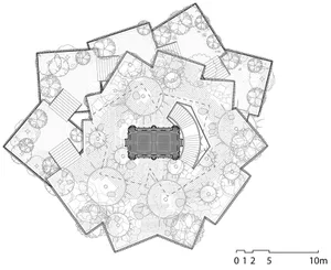 An abstract landscape plan featuring concrete pathways and geometric shapes.