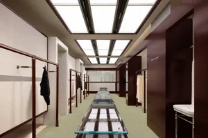 Modern, minimalist clothing rack made of steel and glass.
