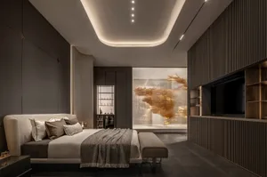 Modern minimalist bedroom featuring a glass window and wooden furniture.
