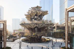 A modern public square with a unique, organic-shaped pavilion featuring wood, glass, and concrete materials.