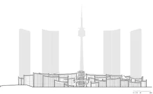 Black and white architectural rendering of an urban landscape viewed from an aerial perspective.