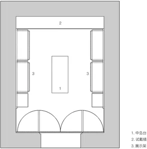 A 2D architectural drawing of a retail shop with glass windows and doors.