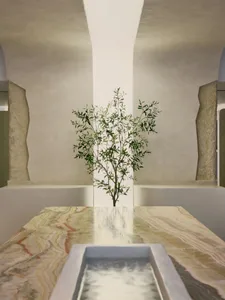 A minimalist interior design featuring marble surfaces and an olive tree