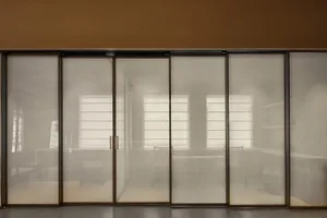 Modern living room with glass wall