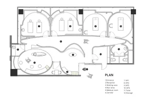Floor plan of a modern office space featuring steel and glass design elements.