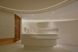Modern minimalist white reception area with sleek furniture and lighting
