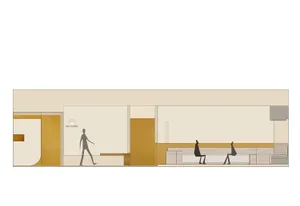 A modern retail storefront with glass walls and bright yellow accents.