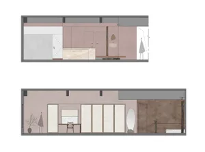 A rendering of a modern shop interior showing various design elements and materials used for the space.