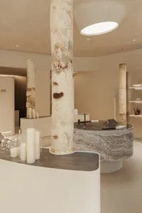 Modern bathroom featuring marble and concrete materials