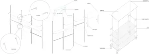 3D technical drawing of an exhibition system with metal aluminum components and adjustable shelves.