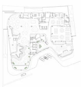 An overhead architectural plan for an industrial-style office interior, featuring open spaces, functional zones, and structur