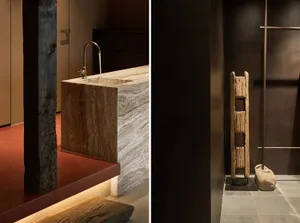 Modern bathroom interior with a stone sink and rustic wooden ladder.