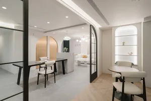 Modern office interior featuring marble and glass elements