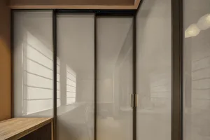 Modern residential interior featuring glass and wood materials.