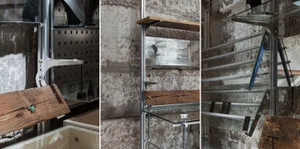 Glass shelves and metal structure in a modern interior design setting.