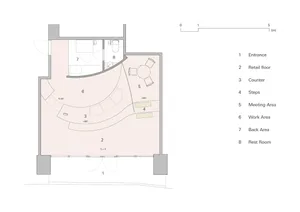 Floor plan of a retail space with concrete and glass materials, featuring a counter, steps, meeting area, work area, back are