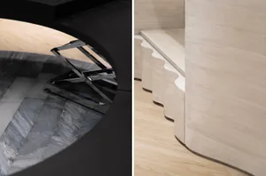 Modern interior design featuring a wooden wall with organic, wavy shapes